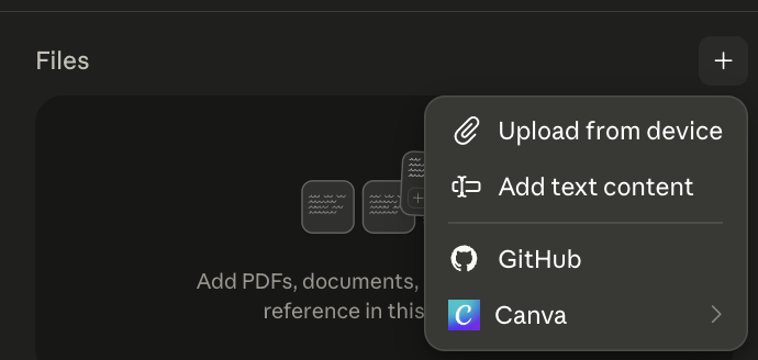 Менюто за добавяне на файлове: Upload from device, Add text content, GitHub, Canva.